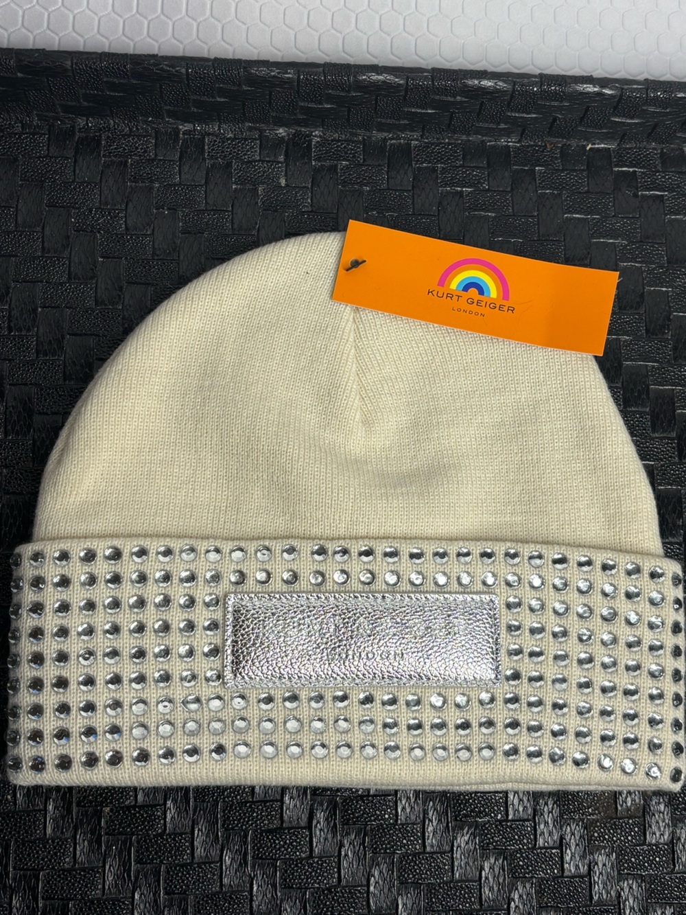 Kurt Geiger Ivory Knit Beanie with Silver Crystal Band NWT